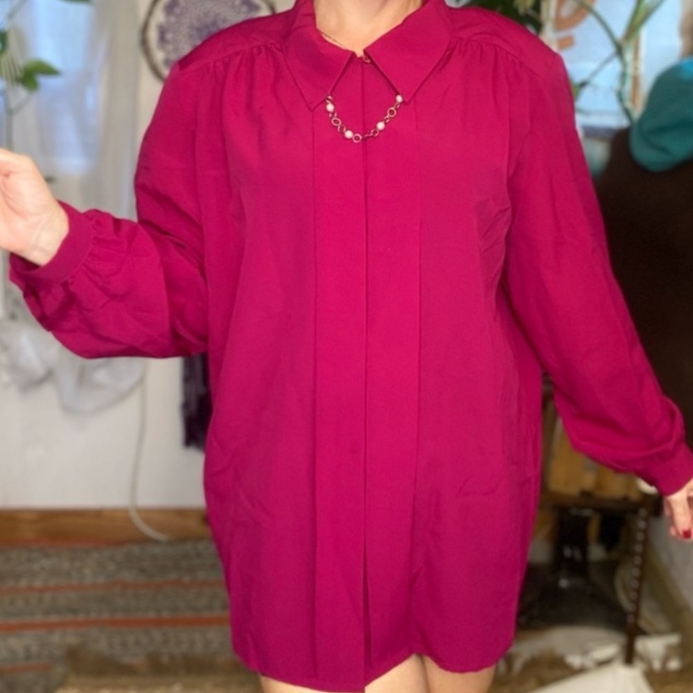 Retro Vintage Padded Shoulders Vibrant Magenta Long Sleeve Blouse Plus 18 Chain